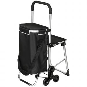 HOMCOM Chariot de courses pliable caddie de courses portable à roulettes avec siège pliable, sac amovible, 46x59,5x97cm, noir