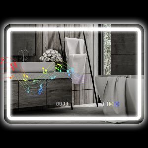 HOMCOM Miroir de Salle de Bains avec Lumière LED 70x50 cm avec Bluetooth 3 Couleurs de Lumière Horloge Numérique Fonction Anti-Buée Fonction de Mémoire
