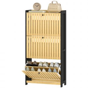 HOMCOM Meuble &agrave; chaussures 18 paires avec 3 tiroirs rabattables, portes en bambou &agrave; lattes, 60x24x118cm, noir et bois naturel