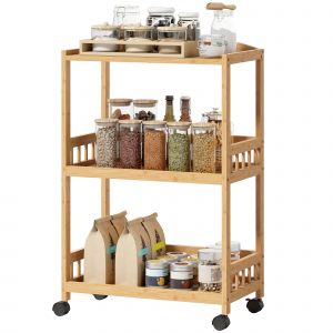 HOMCOM Chariot de cuisine &agrave; 3 niveaux, desserte &agrave; roulettes en bambou pour chambre, salon, bureau, 53x30,5x83cm, bois naturel