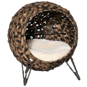 PawHut Panier chat lit chat cosy grand confort dim. Ø 52 x 58H cm coussin moelleux beige inclus résine tressée imitation rotin marron