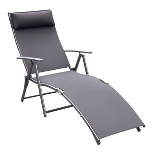 Outsunny Transat Chaise Longue Bain de Soleil Pliable Dossier inclinable Multi-Positions têtière fournie 137L x 64l x 101H cm Gris
