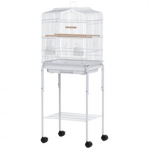 PawHut Cage pour oiseaux avec roulettes &eacute;tag&egrave;re portes 2 mangeoires 2 perchoirs balan&ccedil;oire bac amovible 46,5x36x124 cm Blanc