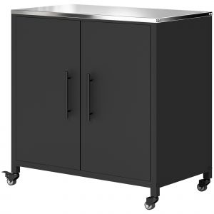 Outsunny Armoire de jardin en M&eacute;tal, Armoire de Rangement Ext&eacute;rieur, Toit en Acier Inoxydable et Roulettes, Noir