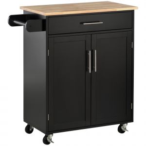 HOMCOM Chariot de cuisine avec tiroir porte-serviette et placard &agrave; &eacute;tag&egrave;re r&eacute;glable &agrave; roulettes polyvalent en bois massif panneau MDF P2 noir