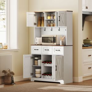 HOMCOM Armoire de Cuisine avec Casier &agrave; Bouteilles pour 8 Bouteilles 4 Portes 3 Tiroirs Plan de Travail Spacieux 100x38x172 cm Blanc