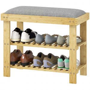 HOMCOM Banc &agrave; chaussures en bambou, &eacute;tag&egrave;re &agrave; chaussures &agrave; 3 niveaux, style scandinave, 60 x 29 x 49 cm, bois naturel