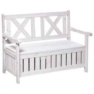 Outsunny Banc de Rangement 2 Places Coffre de Jardin Banc Coffre &agrave; Coussins de Si&egrave;ge Rangement Blanc 115 x 61 x 85 cm