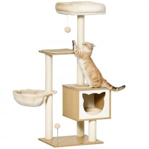 PawHut Arbre &agrave; chat griffoirs grattoirs multi-&eacute;quipements niche hamac panier coussins amovibles hauteur 126 cm peluche courte sisal naturel beige