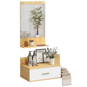 HOMCOM Ensemble de meubles de salle de bain mural avec miroir et rangement Miroir avec tiroir et 2 &eacute;tag&egrave;res ouvertes Bois naturel