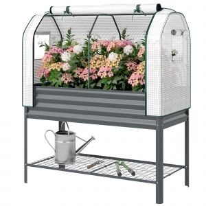 Outsunny Bac de Jardin sur Pieds en M&eacute;tal avec Serre, Jardini&egrave;re Sur&eacute;lev&eacute;e avec Doublure et &Eacute;tag&egrave;re Inf&eacute;rieure, Gris Fonc&eacute;
