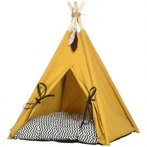 PawHut Lit pour Animaux de Compagnie, Design Mignon de Tipi, avec Coussin Doux, Tapis de Sol Antidérapant, pour Chiens et Chats, 60 x 60 x 76 cm
