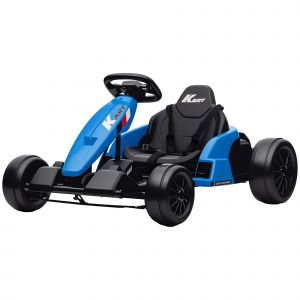 AIYAPLAY Kart &eacute;lectrique 24V, mode Drift, si&egrave;ge r&eacute;glable, harnais de s&eacute;curit&eacute; 5 points, fonction musique, klaxon, 6-12 ans Bleu