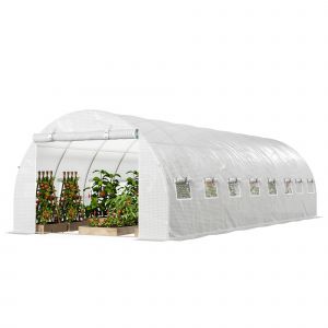 Outsunny Serre de jardin tunnel 24m&sup2; 8L x 3l x 2H m - 16 fen&ecirc;tres, Porte zipp&eacute;e enroulable acier galvanis&eacute;, b&acirc;che PE, Blanc