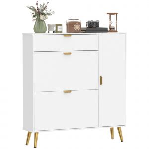 HOMCOM Meuble &agrave; chaussures 12 paires, armoire &agrave; chaussures, 2 tiroirs rabattables, 4 compartiments, 99,4x23,8x106,6cm, blanc