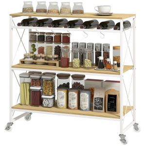 HOMCOM Chariot Portavivande &agrave; 4 Niveaux avec Porte-bouteilles et 5 Crochets Amovibles, en Bois et M&eacute;tal, 96.5x38x96.7 cm