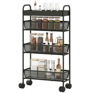 HOMCOM Chariot de rangement &agrave; 4 niveaux, desserte &agrave; roulettes, 3 paniers coulissants, panier sup&eacute;rieur 19 x 43,2 x 80 cm noir