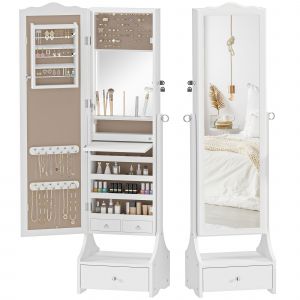 HOMCOM Miroir Armoire &agrave; bijoux avec LED Armoire Bijoux avec Miroir Pleine Longueur Angle R&eacute;glable Tiroirs Tablette Int&eacute;rieure Rabattable Blanc