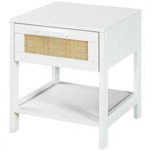 HOMCOM Table de chevet table de nuit avec tiroir et étagère, cannage en rotin, dim. 40L x 40l x 48H cm blanc