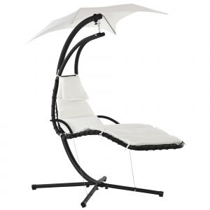Outsunny Bain de Soleil Transat Suspendu avec Pare-Soleil et Matelas Design Contemporain Acier Polyester 194 x 117 x 192 cm Crème Noir