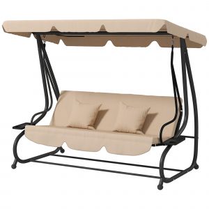 Outsunny Balancelle de jardin 3 places convertible toit inclinaison réglable 2 tablettes 2 x 1,2 x 1,64 m acier sable