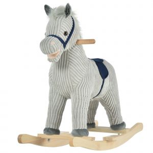 HOMCOM Cheval à bascule pour enfant, jouet à bascule en peluche, à effets sonores, avec poignées, pédale, gris et blanc
