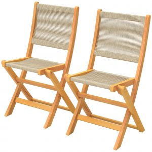 Outsunny Lot de 2 Chaises de Jardin Pliantes Chaises de Balcon en Bois d'Acacia FSC Assise en Corde Tress&eacute;e Naturel et Beige