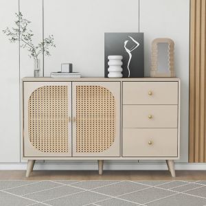Buffet bas moderne pour salon Buffet pour cuisine Buffet rotin avec 2 portes et 3 tiroirs, polyvalent et spacieux, Blanc   Aosom France