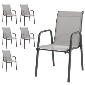 Outsunny Jeu de 6 chaises de jardin ext&eacute;rieures empilables avec accoudoirs assise et dossier en maille structure m&eacute;tallique gris