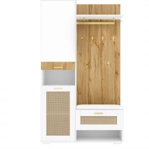 Ensemble d'entr&eacute;e avec miroir et banquette, &eacute;clairage LED, porte-manteaux mural et 6 crocets &agrave; v&ecirc;tements dor&eacute;s, 110x38x190 cm, Blanc+Couleur naturelle