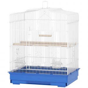 PawHut Cage pour oiseaux Voli&egrave;re en acier avec 2 mangeoires 2 perchoirs Balan&ccedil;oire et plateau amovible Poign&eacute;e 46,5x36x59 cm Bleu