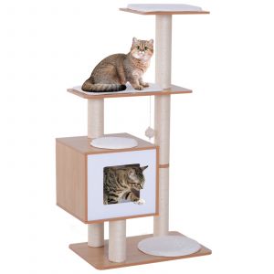 Pawhut Arbre &agrave; chat Design Moderne - Griffoir en Sisal, Niche, Plate-formes et Boule suspendue - MDF h&ecirc;tre 66x47x120 cm   Aosom France