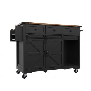 &Icirc;lot de cuisine avec plateau rabattable, chariot de service sur roulettes avec 2 portes coulissantes et 3 tiroirs, 140x45/73x94 cm, Noir