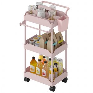 HOMCOM Chariot d'appoint &agrave; roulettes 3 niveaux chariot de cuisine avec paniers amovibles et porte-serviettes rose