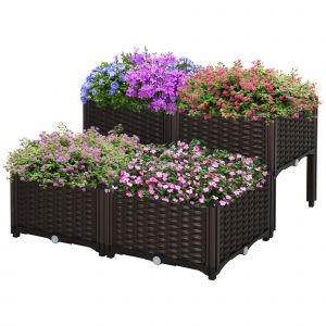 Outsunny Ensemble de jardinière carrée  4 jardinières hautes basses combinables imitation rotin tressé  plastique  40 x 40 x 44 cm  brun