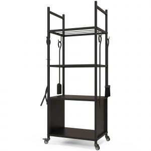 Outsunny Chariot range bûches intérieur, porte-bûches roulettes, 4 outils de cheminée, 4 étagères, métal, 45 x 30 x 118 cm, noir