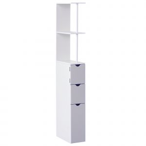 Homcom Meuble WC Etagère Gain de Place pour Toilette 3 Niveaux 2 Tiroirs et Placard MDF Métal 15 x 33 x 136 cm Blanc Gris
