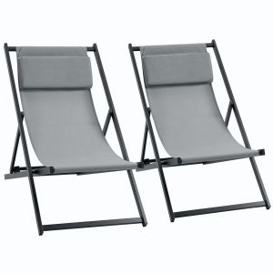 Outsunny Lot de 2 bain de soleil, chaise longue pliante avec appuie-t&ecirc;te en textil&egrave;ne inclinable 60 x 100 x 85 cm gris fonc&eacute;