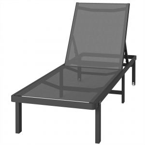 Outsunny Bain de Soleil Transat de Jardin avec Roulettes Inclinable &agrave; Plat 4 Positions et Textil&egrave;ne 530g/m&sup2; Gris Fonc&eacute;