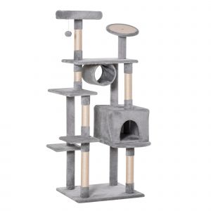 PawHut Arbre à gratter en colonne de 165cm avec griffoir et plates-formes pour chatons et chats adultes jusqu'à 4.5kg, Gris, 60x50x165cm