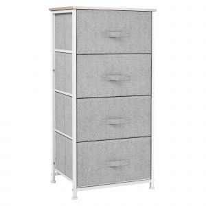 HOMCOM Chiffonnier Meuble de Rangement dim. 45L x 30l x 92H cm 4 tiroirs Non-tissés Gris Structure métal Blanc Plateau MDF Bois Clair