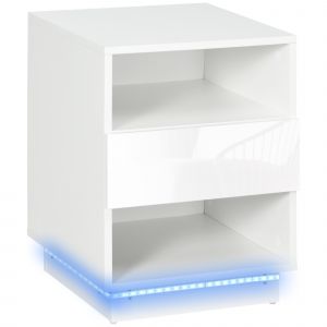 HOMCOM Lot de 2 tables de chevet table de nuit LED tiroir niches plateau 40 x 40 x 55 cm blanc brillant laqué