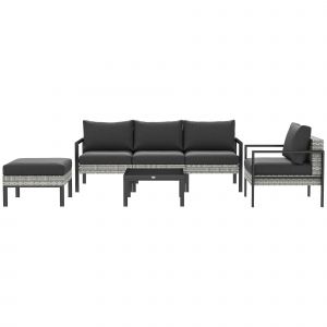 Outsunny Salon de jardin extérieur 5 personnes, salon de balcon en résine tressée avec fauteuils, pouf et table basse gris clair
