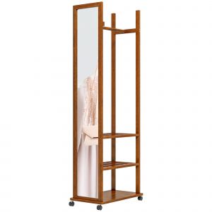 HOMCOM Miroir 2-en-1 Miroir en Pied Vestiaire, 1 Barre de suspension, 3 étagères, 35,8 x 59,8 x 170 cm, Naturel