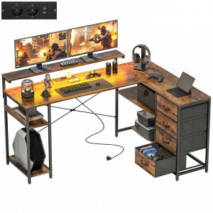 HOMCOM Bureau Gaming en L Bureau avec prise &eacute;lectrique &Eacute;clairage LED 4 tiroirs Support d'&eacute;cran 155x110x91,4 cm Brun