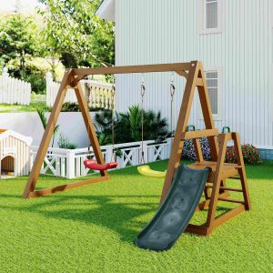 Balan&ccedil;oire Double pour Enfants en Bois Massif avec Toboggan, &Eacute;chelle d'Escalade et Structure d'Ext&eacute;rieur, 239x240x169 cm, Naturel