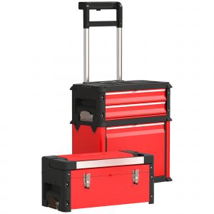 HOMCOM Lot de 3 boîtes à outils sur roulettes empilables et modulaires en acier avec plateau, poignées et serrure, rouge