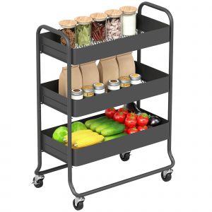 HOMCOM Chariot de cuisine, 3 paniers, 4 roulettes, m&eacute;tal, noir