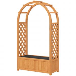 Outsunny Jardini&egrave;re sur&eacute;lev&eacute;e avec treillis, toit en arc Bac &agrave; fleurs en bois 83 x 36 x 145cm Marron clair