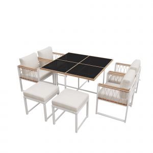 Ensemble table et chaise de jardin 7 pièces avec table en verre trempé, rotin tressé, coussins de siège, pour 6 personnes Naturel+Blanc   Aosom France